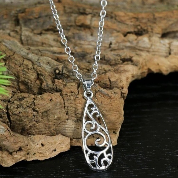 3 pcs Hollow Out Water Drop Pendant Earrings Necklace Jewelry Set Silver Plated - Picture 3 of 6